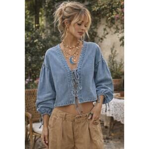 Denim Tie Front Cotton Cropped Blouse Boho Balloon Sleeve Chambray Top XL